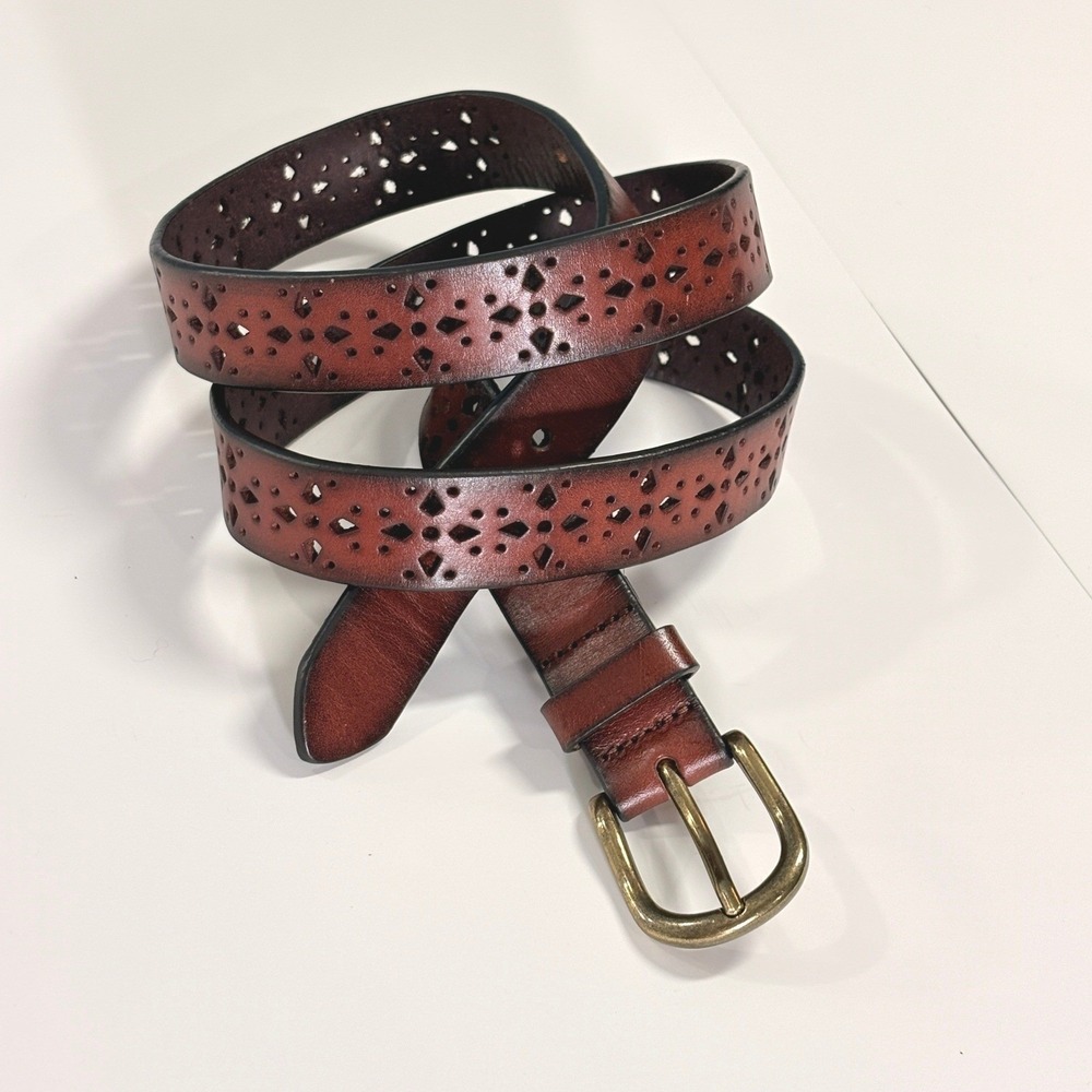 Womens Brown Leather Cutout Belt Large Brass Buckle Boho Western Rustic Cowgirl